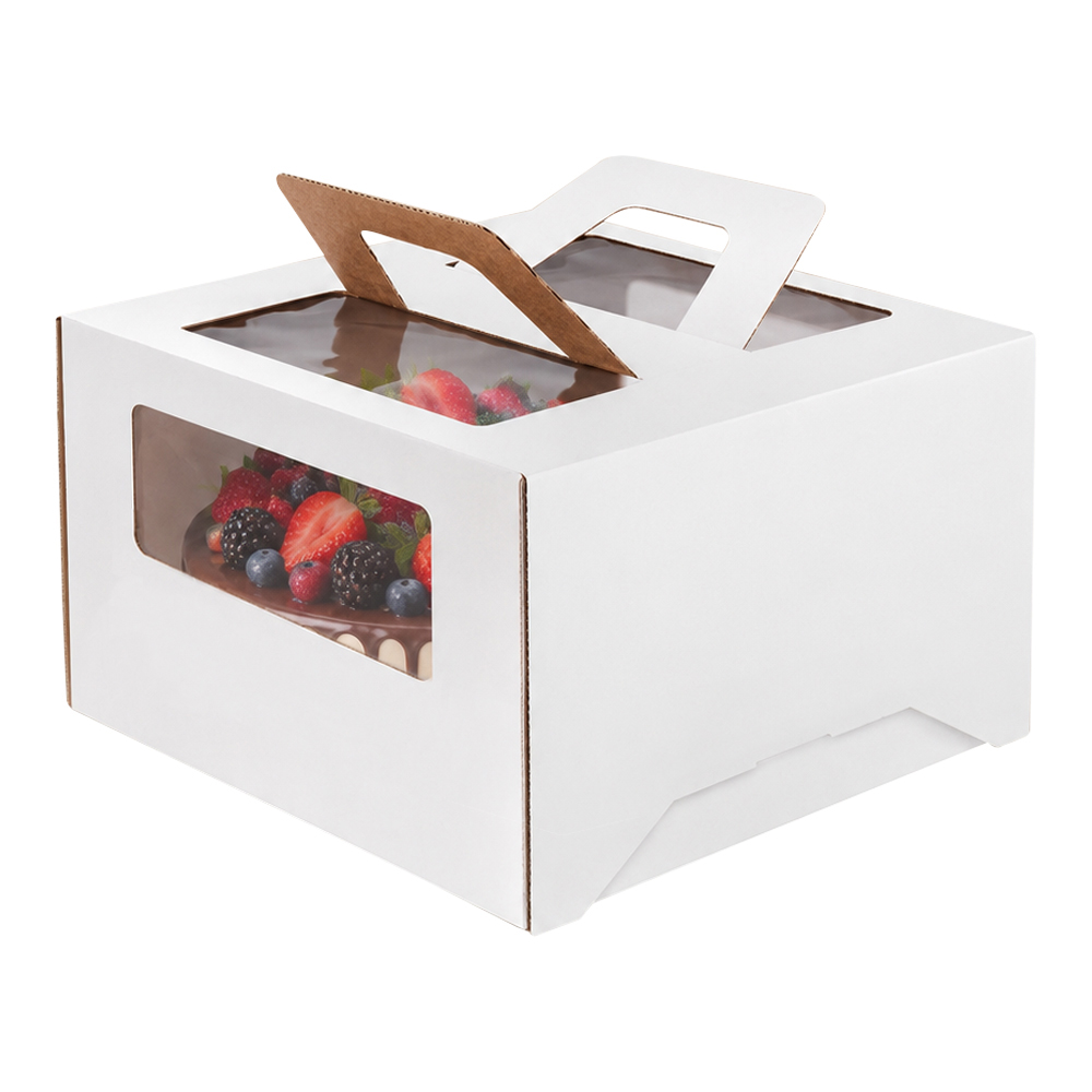 Коробка для торта 300х300х190 белый крафт с окном с ручками Арт-пак